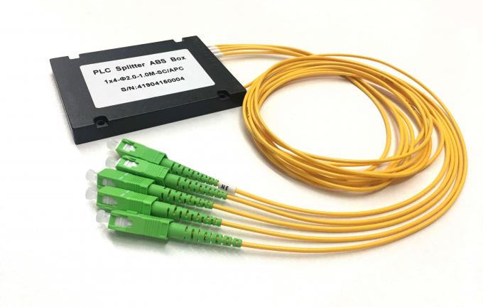 ABS box type PLC fiber optic splitter 1x4 with SC/APC connectors — side view showing pigtail routing